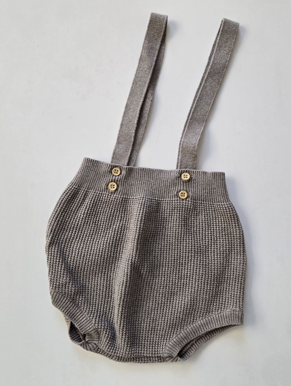 Feltman Brothers Knit Suspender Baby Romper in Heather Tan 24m